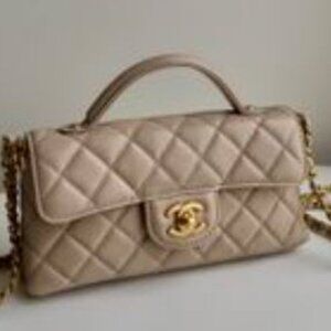 Tan Crossbody Bag with Quilted Leather and Silver Chain
